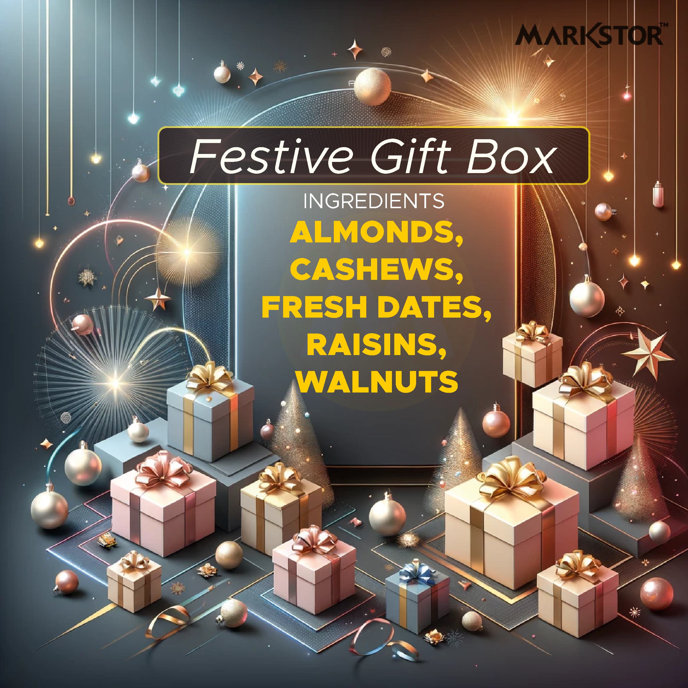 Markstor Christmas Gift Box of Trail Mix of Almonds, Cashews, Omani Dates, Raisins, Walnuts - 500g - Image 2
